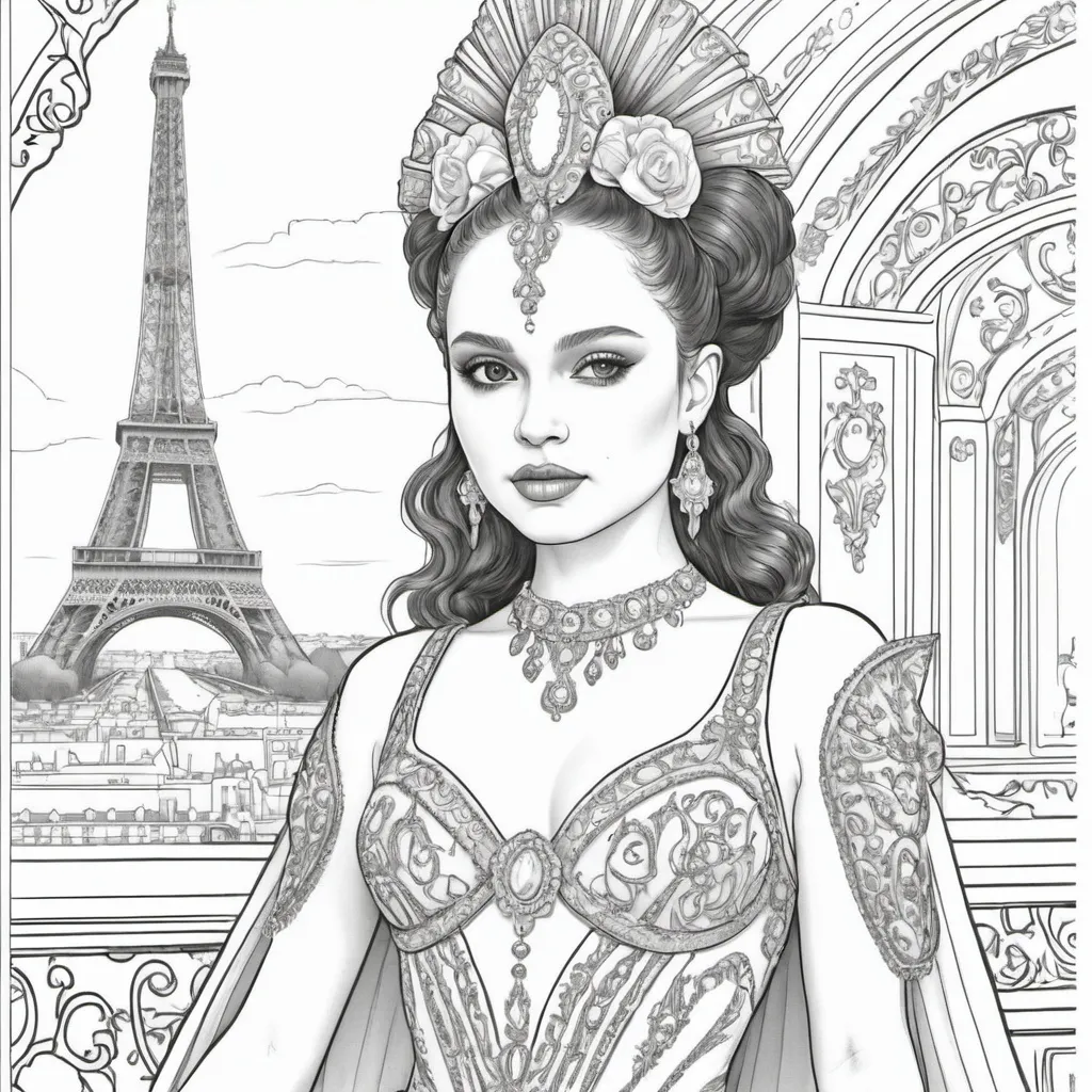 Prompt: A coloring page of padme amedalia dressed as show girl at the mulon ruge in Paris France 