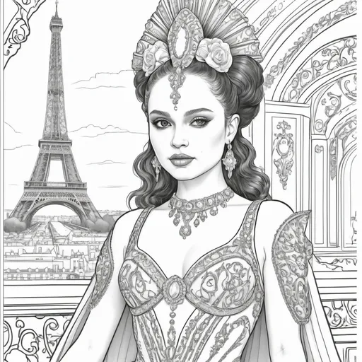 Prompt: A coloring page of padme amedalia dressed as show girl at the mulon ruge in Paris France 