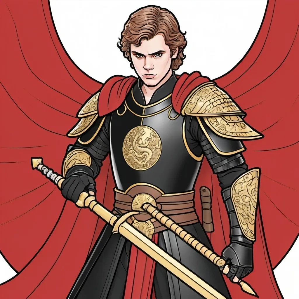 Prompt: A coloring page of Anakin Skywalker dressed in black plate armor with a gold dragon on the front with a red and gold cape carrying a spear 