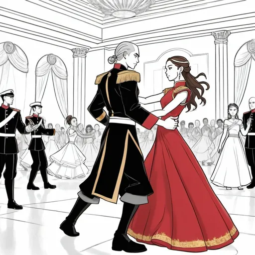 Prompt: A Coloring page of katara from avatar the last Airbender in a red and black ball gown dancing with her husband Anakin Skywalker dressed in a black and red military officer dress uniform with gold and silver accents in a ballroom 