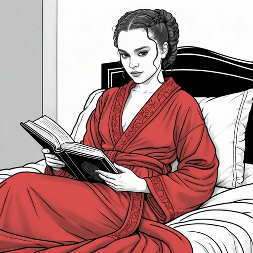 Prompt: A coloring page of padme amedalia dresed in a black and red bathrobe relaxing in bed reading a book 