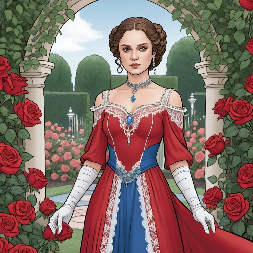 Prompt: A coloring page of padme amedalia dressed in a jeweld red silk gown with a jeweld blue bodice with white lace around the wrists and shoulders in a rose garden with red and white roses on a spring morning 