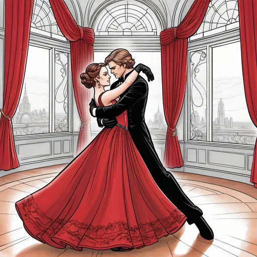 Prompt: A coloring page of padme amedalia dressed in a red ball gown with black elbow length gloves  dancing a waltz with her husband Anakin Skywalker dressed in a black tuxedo in a opulent ballroom with red silk curtons and large French windows in the background 
