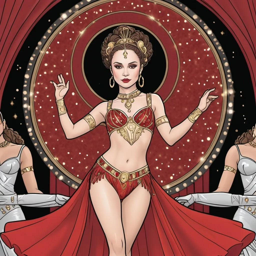 Prompt: A coloring page of padme amedala dressed as show girl a black and red with gold and silver accents On stage dancing  with bare legs and arms 