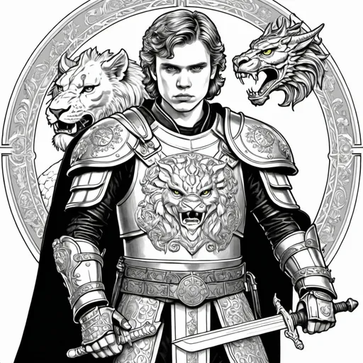 Prompt:  a black and white coloring page of Anakin Skywalker dressed in gothic plate armor with gold and silver accents with gauntlets with lion shaped   with dragon shaped pauldrons with a medieval sword with a dragon shaped hilt at his waist on horseback 