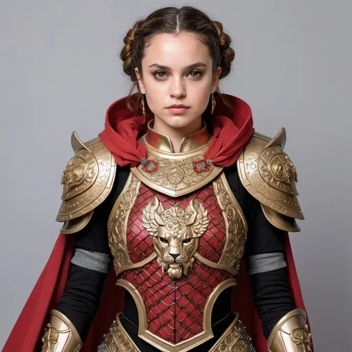 Prompt: A coloring page of padme amedalia dressed red and black plate armor with bronze chainmail with gold and silver accents on the plate armor with  lion shaped pauldrons in gold with ruby eyes a gold and red cape 