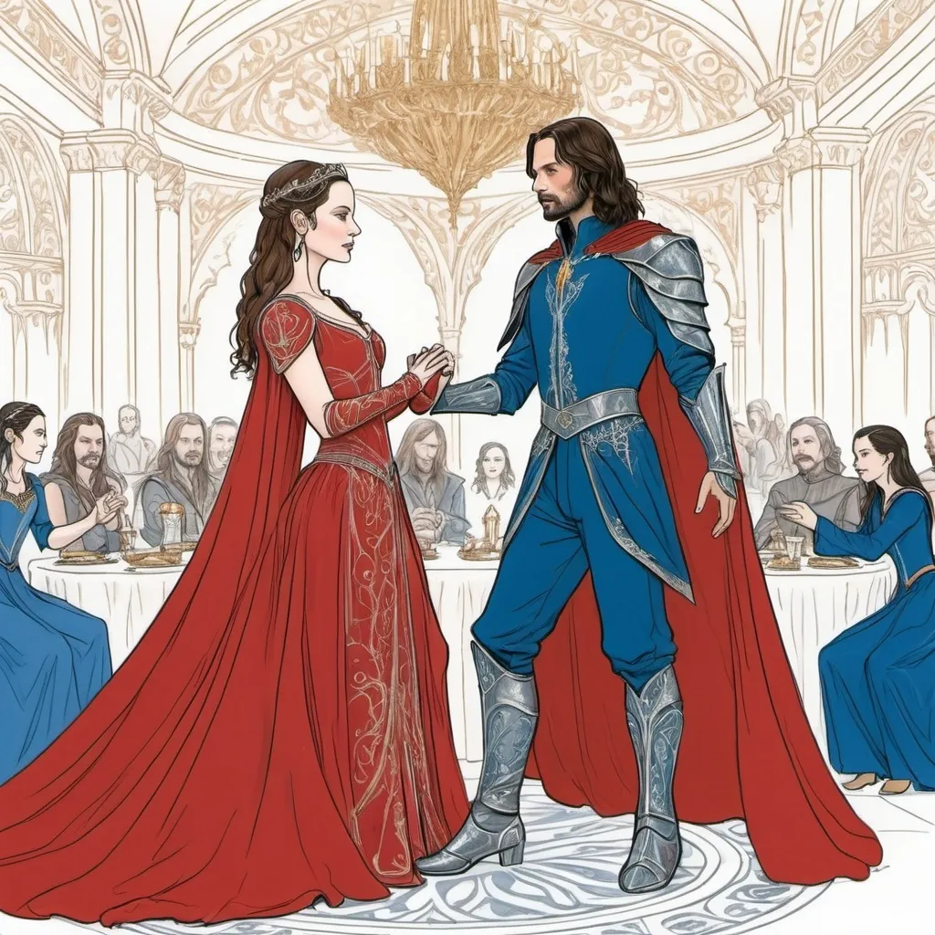 Prompt: A line drawing of padme amedalia dressed as Arwen from the Lord of the rings in a jeweld medieval red gown with a blue bodice dancing a waltz with her husband Aragorn dressed in silver gothic plate armor with gold pauldrons and a red cape  in a opulent ballroom 