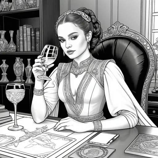 Prompt: A coloring page of padme amedalia in her Office  with gold and silver accents drinking a glass of wine 