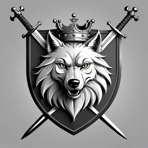 Prompt: Black and white medieval coat of arms crowned wolf rampant with crossed swords on a grey background 