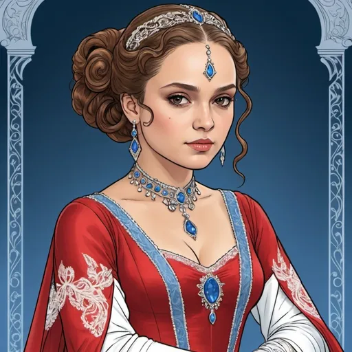 Prompt: A coloring page of padme amedalia dressed in a jeweld red silk gown with white lace around the wrists with a jeweld blue bodice 