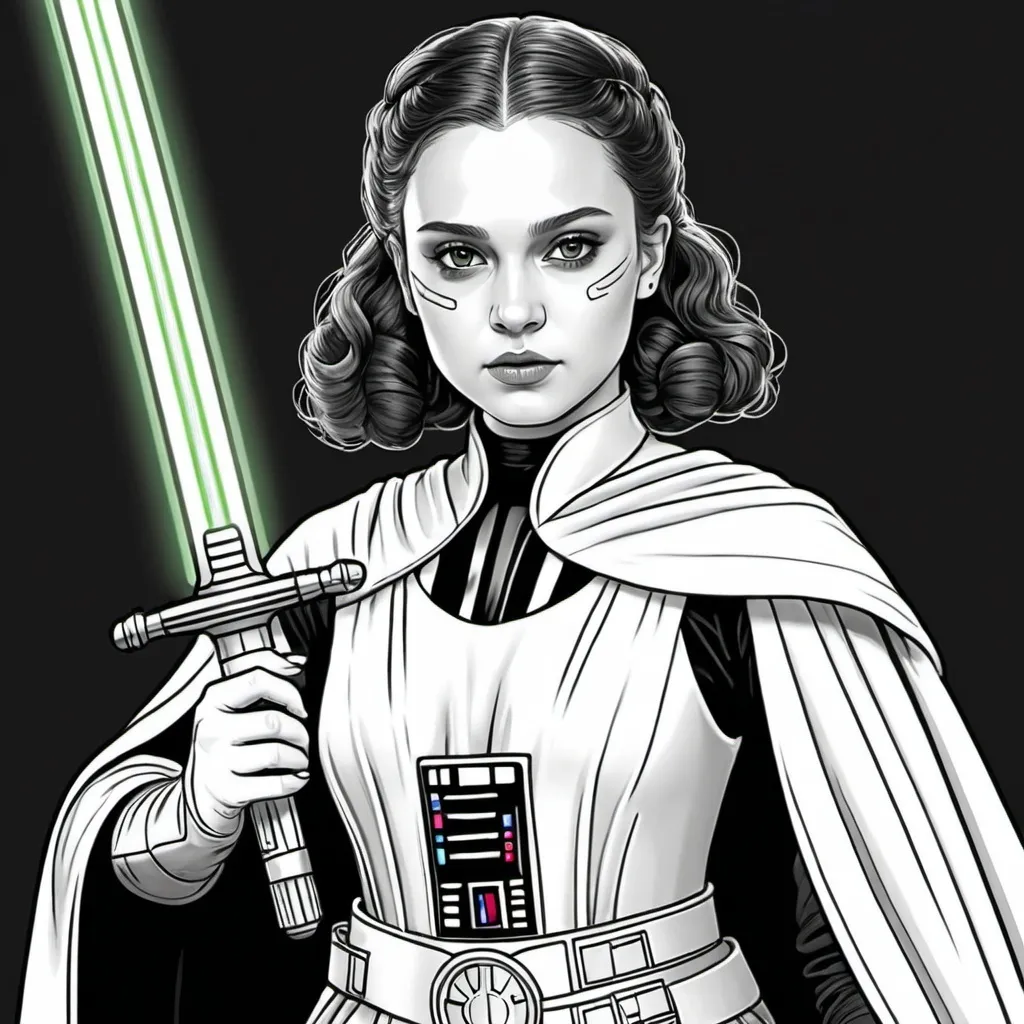 Prompt: A Coloring page of padme amedalia dressed as Darth Vader without the helmet or the mask carrying a glowing green sword wearing gloves with a scar on her face 