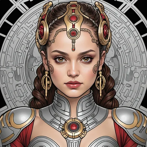 Prompt: A coloring page of padme amedalia with a cyborg body of  black and red with gold and silver accents 