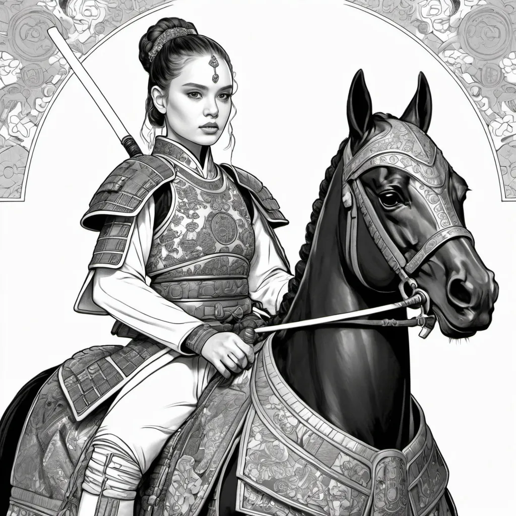 Prompt: A  black and white coloring book of padme amedalia dressed a samurai in samurai armor with gold and silver accents  on horseback 