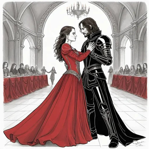 Prompt: A line drawing of Aragorn from the Lord of the rings dressed in black gothic plate armor with gauntlets with gold and silver accents with a red cape dancing a waltz with his wife padme amedalia dressed in a red long sleeve medieval gown and bodice in a opulent ballroom 