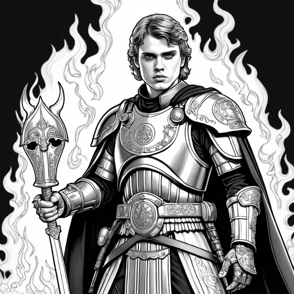 Prompt:  a black and white coloring page of Anakin Skywalker dressed in gothic plate armor with gold and silver accents with gauntlets  and pauldrons  on horseback  with flaming eyes 