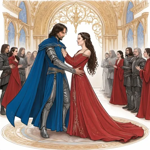 Prompt: A line drawing of padme amedalia dressed as Arwen from the Lord of the rings in a jeweld medieval red gown with a blue bodice dancing a waltz with her husband Aragorn dressed in silver gothic plate armor with gold pauldrons and a red cape with his  sword straped to his waist in a opulent ballroom 