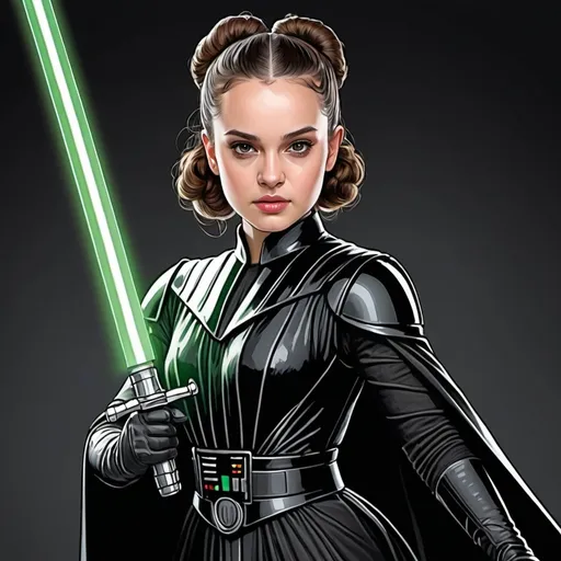 Prompt: A Coloring page of padme amedalia dressed as Darth Vader without the helmet or the mask carrying a glowing green sword wearing gloves fighting Darth Vader 