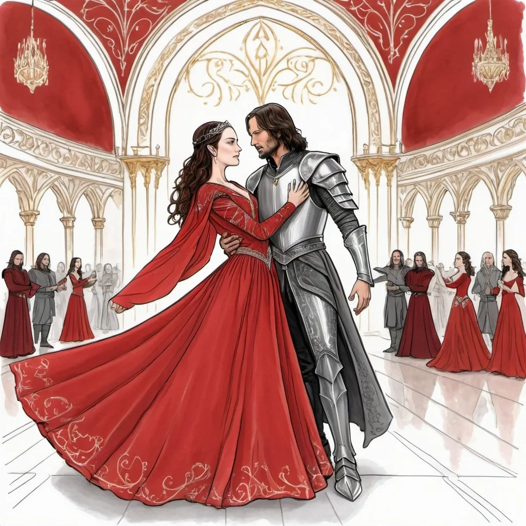 Prompt: A line drawing of padme amedalia dressed as Arwen from the Lord of the rings in a jeweld medieval red gown with a  dancing a waltz with her husband Aragorn dressed in silver gothic plate armor with gold pauldrons and a red cape wit in a opulent ballroom 