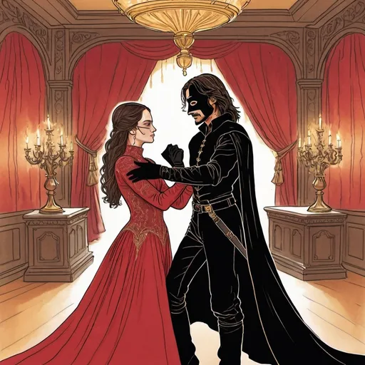 Prompt: A line drawing of Aragorn from the Lord of the rings dressed as Zorro  in a black  with a black cloak and gloves costume and black eye mask dancing with his wife padme amedalia in a long sleeve red and gold Victorian dress in a opulent candle lit  ball room 