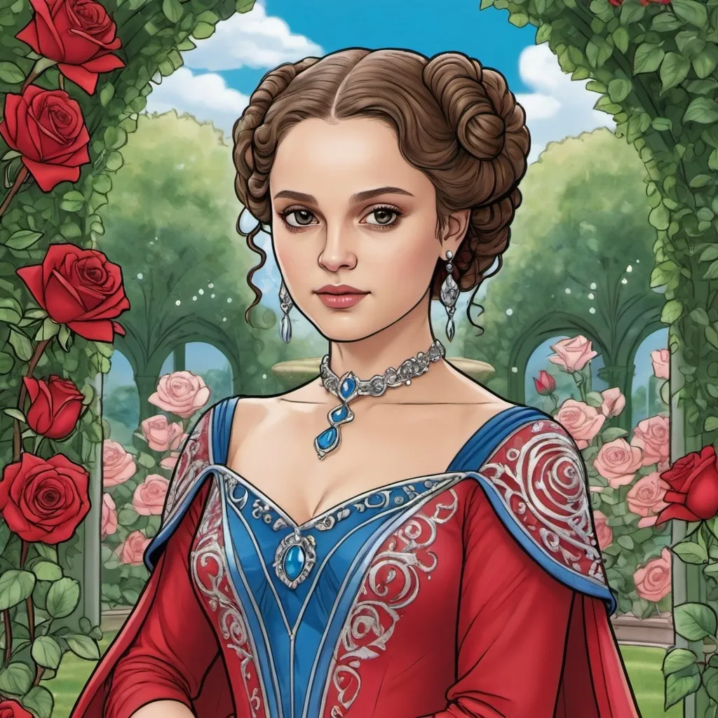 Prompt: A coloring page of padme amedalia dressed in a jeweld red gown with a jeweld blue bodice in a rose garden on a spring day 