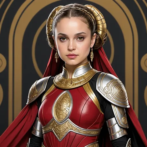 Prompt: A coloring page of padme amedalia wearing red and gold mandlorian armor with black and silver accents 