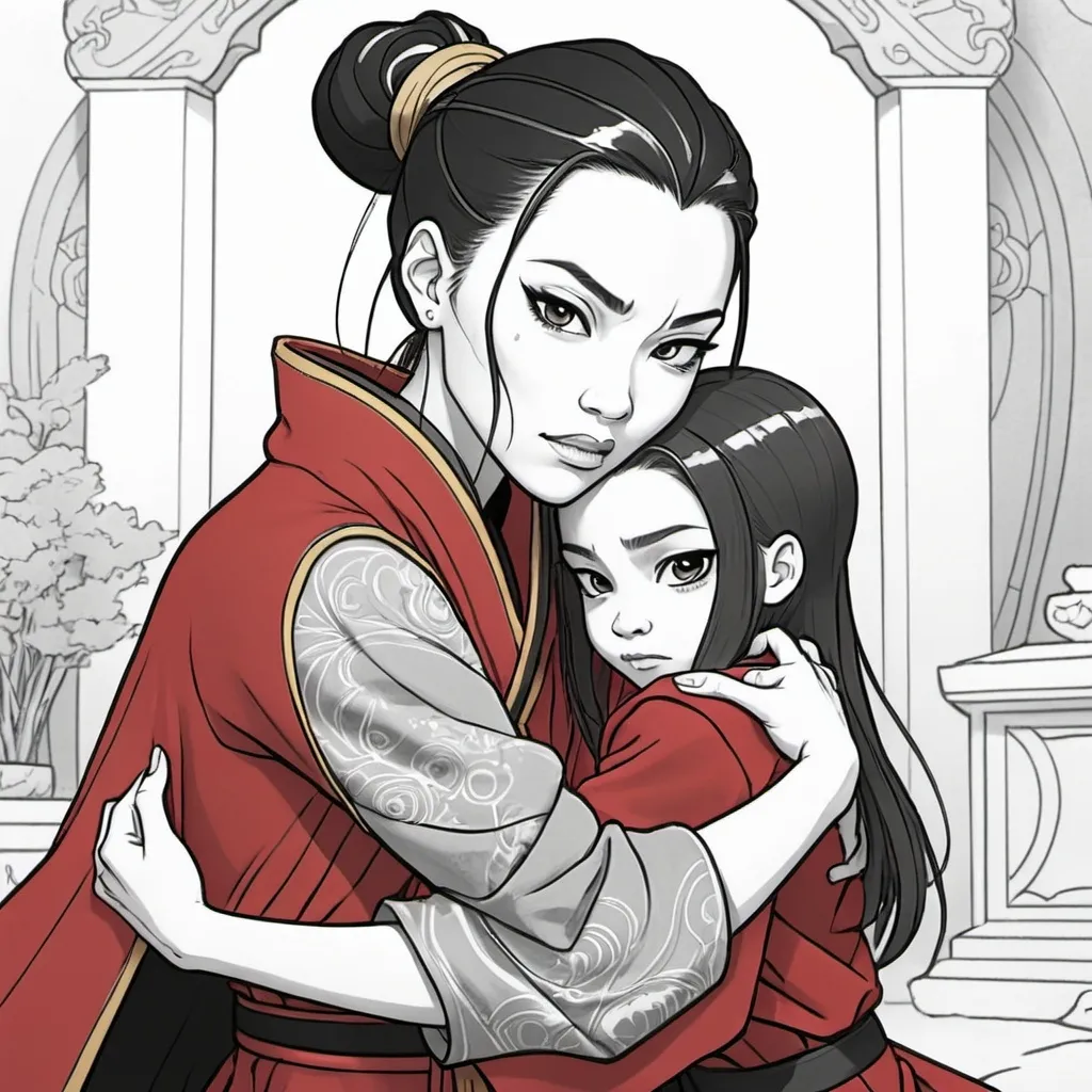 Prompt: A coloring page of azula dressed in a red and black robe with gold and silver accents hugging a frightened young girl 