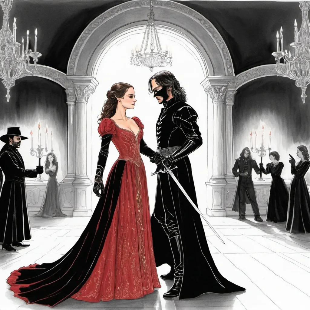 Prompt: A line drawing of Aragorn from the Lord of the rings dressed as Zorro  in a black  with a black cloak and gloves costume and black eye mask with rapier at the waist dancing with his wife padme amedalia in a long sleeve red and gold Victorian dress in a opulent candle lit  ball room 