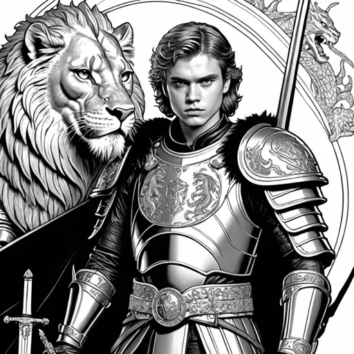 Prompt:  a black and white coloring page of Anakin Skywalker dressed in gothic plate armor with gold and silver accents with gauntlets with lion shaped   with dragon shaped pauldrons with a medieval sword with a dragon shaped hilt at his waist on horseback 