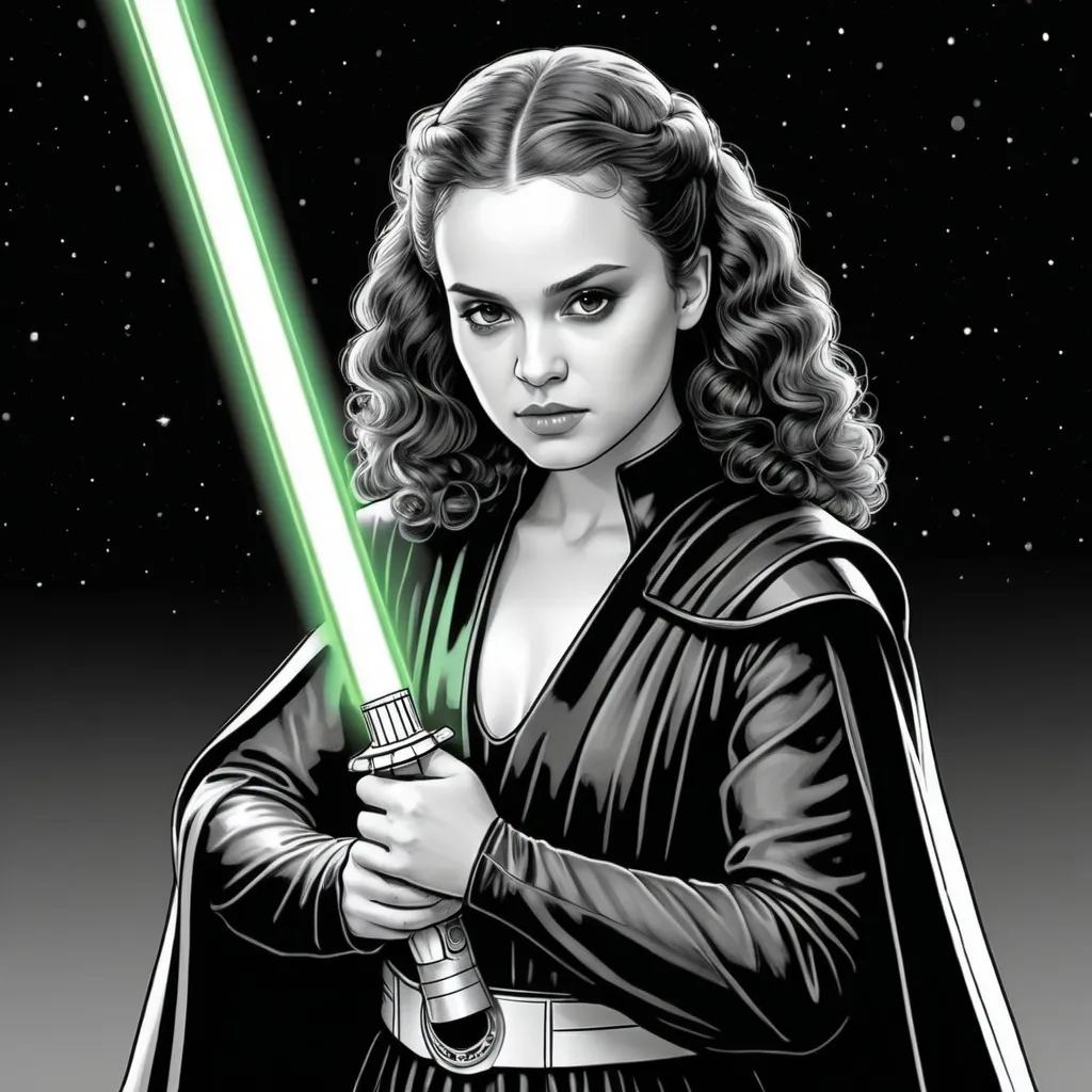 Prompt: A Coloring page of padme amedalia dressed as Darth Vader without the helmet or the mask carrying a glowing green sword 