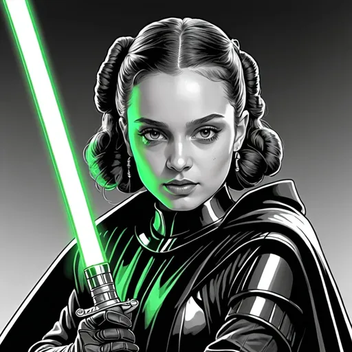 Prompt: A Coloring page of padme amedalia dressed as Darth Vader without the helmet or the mask carrying a glowing green sword wearing gloves 