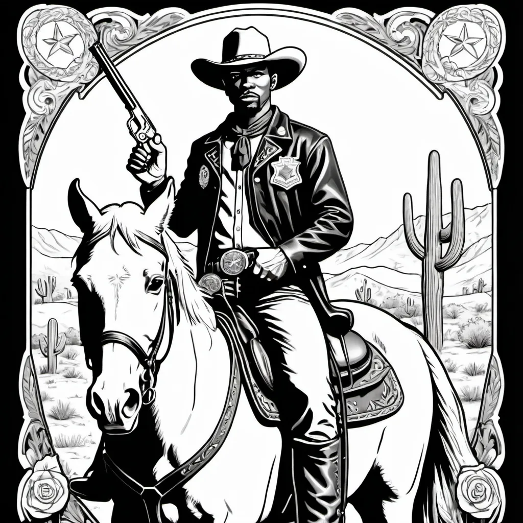 Prompt: A black and white male with dressed as cowboy with a Texas ranger's badge with a revolver on horseback in the style of a coloring book 