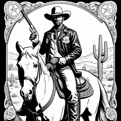 Prompt: A black and white male with dressed as cowboy with a Texas ranger's badge with a revolver on horseback in the style of a coloring book 