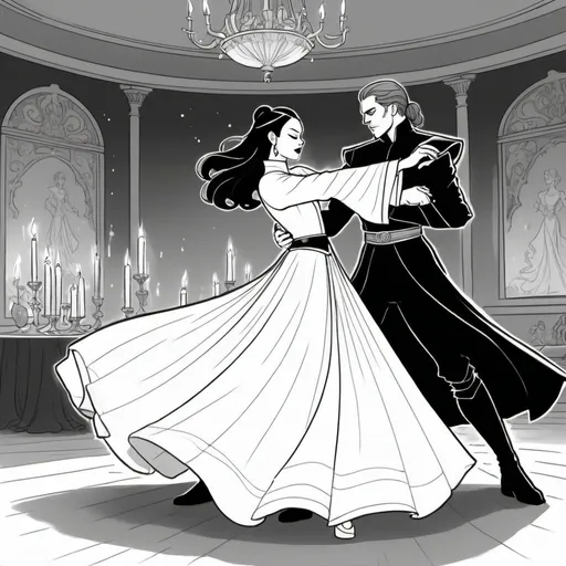 Prompt: A line drawing of princess azula dressed in a white  long sleeve ball gown dancing with her husband Anakin Skywalker dressed in a Black phantom of the Opera costume wearing a rapier on his belt in a candle lit room 
