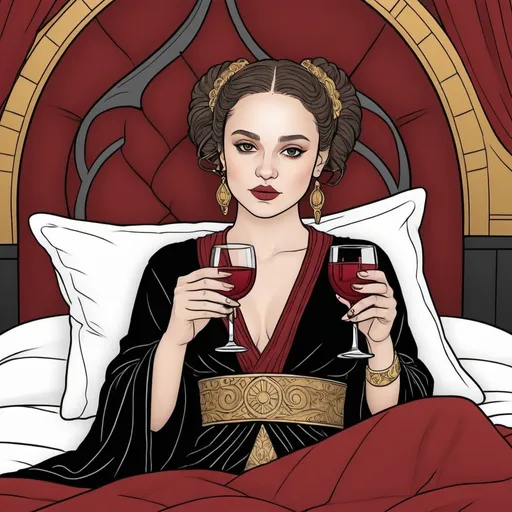 Prompt: A coloring page of padme amedala dressed in a black and red with gold and silver accents drinking a glass of wine in bed