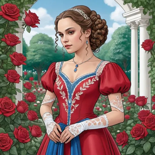 Prompt: A coloring page of padme amedalia dressed in a jeweld red silk gown with a jeweld blue bodice with white lace around the wrists and shoulders in a rose garden with red and white roses on a spring morning 