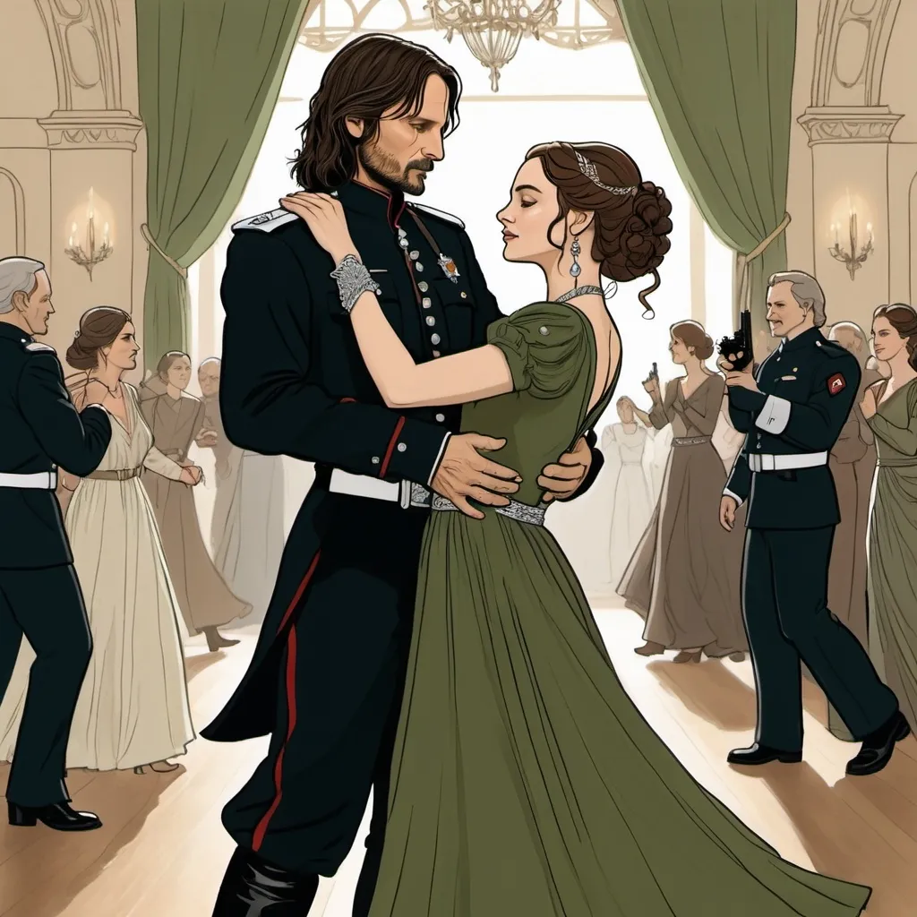 Prompt: A line drawing of Aragorn from the Lord of the rings dressed in a world war 1 officers uniform with a holsterd pistol on the belt dancing a waltz with his wife padme amedalia dressed in a olive green long sleeve ball gown with a diamond necklace in a opulent ballroom 