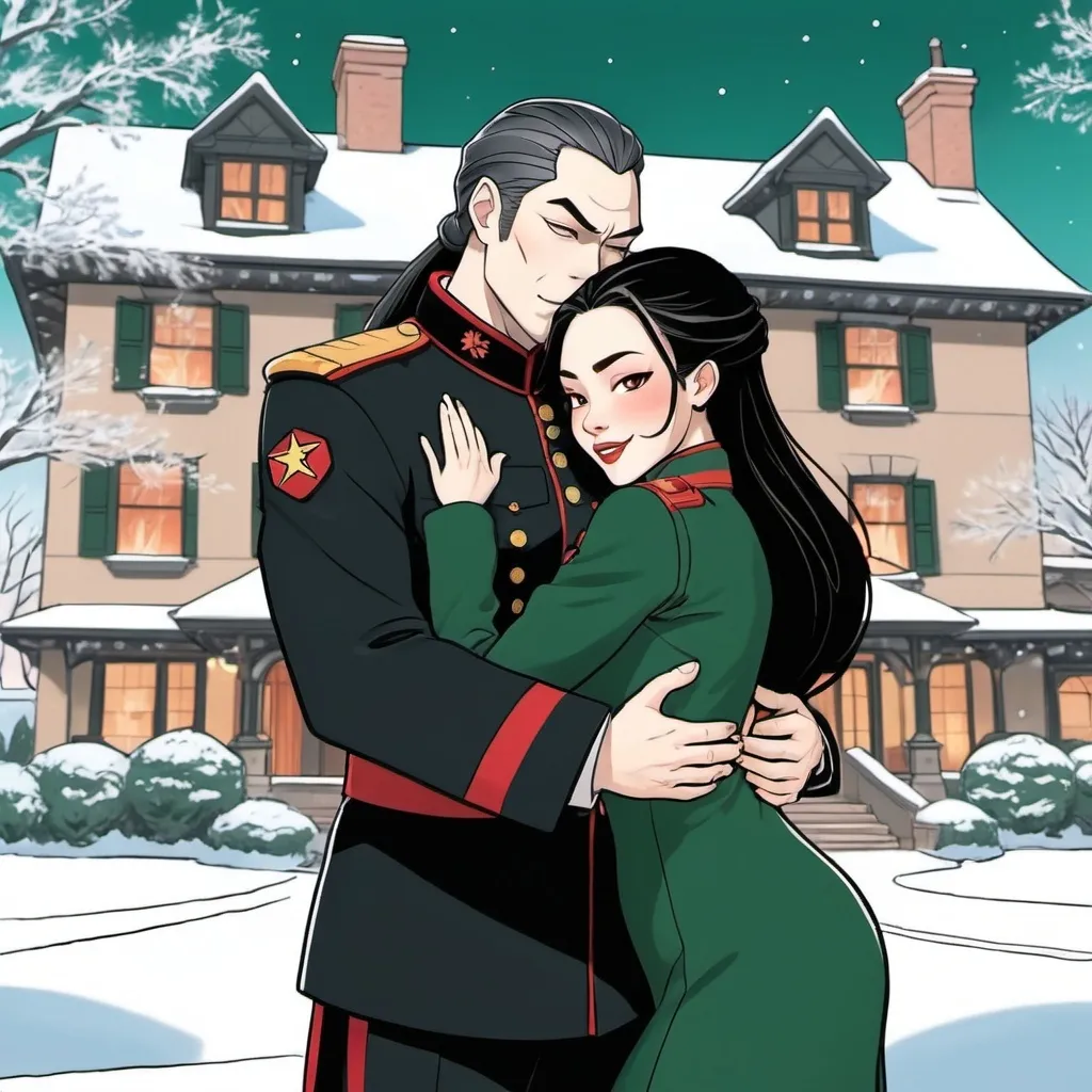 Prompt: A coloring page of princess azula with black hair dressed in a green united States army officer uniform hugging her Husband Avatar anng dressed in a black and red suit and tie in front of their manor house in the middle of winter 