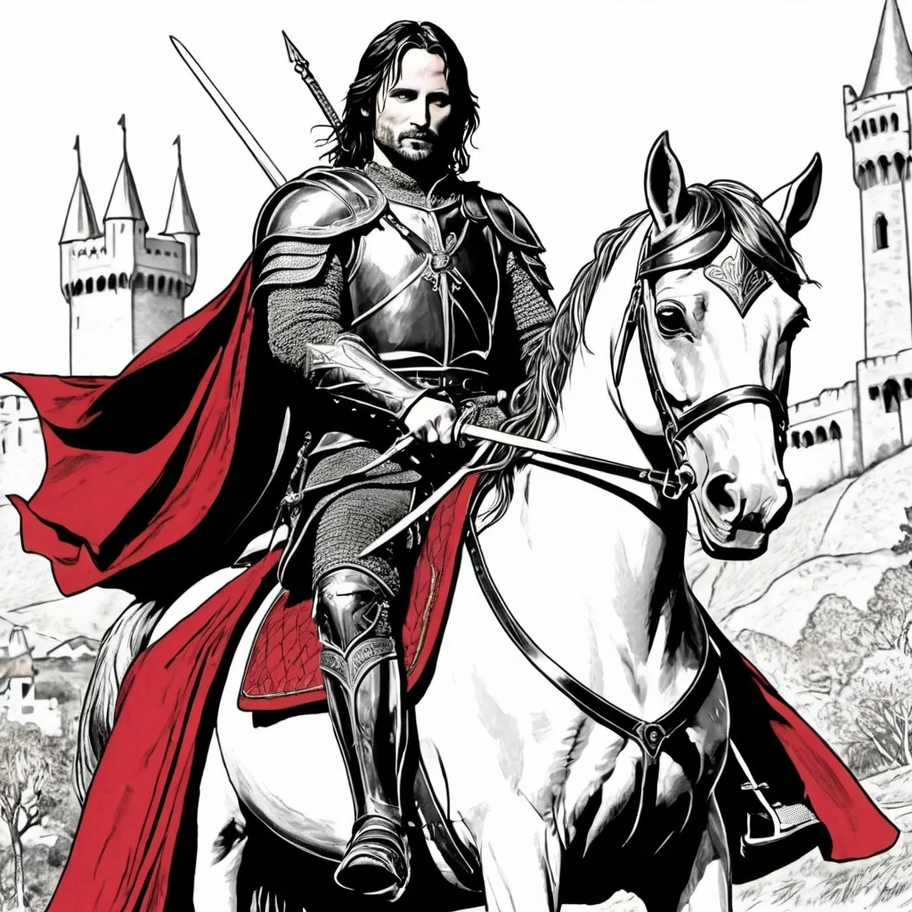 Prompt: A coloring page of Aragorn from lord of the rings in red and black plate armor with gold and silver accents on horseback holding a medieval sword 