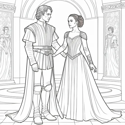 Prompt: A coloring page of padme amedalia with her husband Anakin Skywalker dressed as William Shakespeares Romeo and Juliet  padme amedalia s gown should be colored red and gold while Anakin outfit should be colored red and blue 