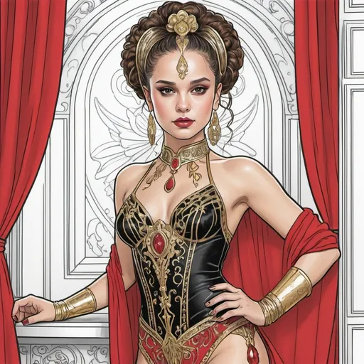 Prompt: A coloring page of padme amedala dressed as show girl a black and red with gold and silver accents in her dressing room 