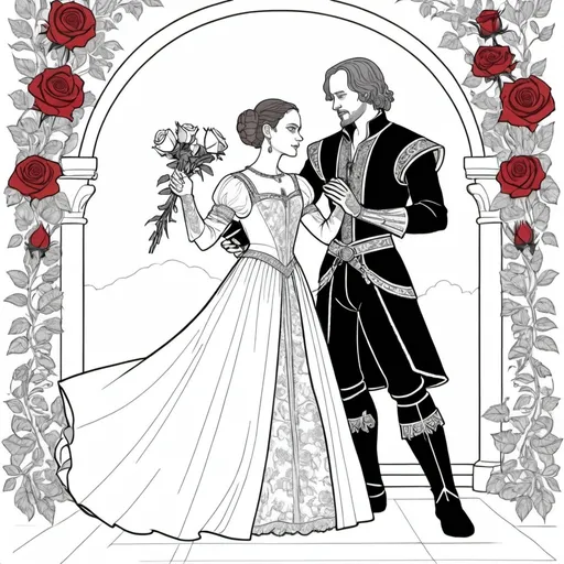 Prompt: A coloring page of padme amedalia dressed as William Shakespeares Romeo and Juliet in a red gown with lace around her neck and wrists with a blue and silver bodice  with red and white roses in the background  dancing a waltz with her husband Anakin Skywalker dressed in a red dublet and black tights with a red codpiece 