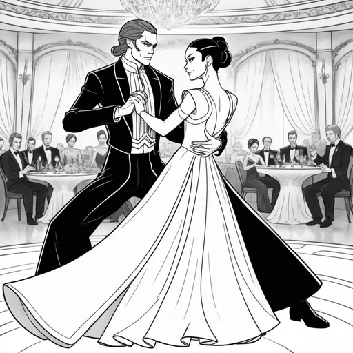 Prompt: A coloring page of azula dressed in a white ball gown dancing with her husband Anakin Skywalker dressed in a black tuxedo in a ballroom 