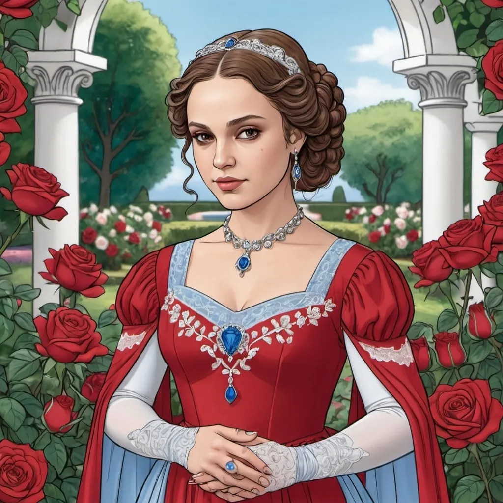 Prompt: A coloring page of padme amedalia dressed in a jeweld red silk gown with a jeweld blue bodice with white lace around the wrists and shoulders in a rose garden with red and white roses on a spring morning 