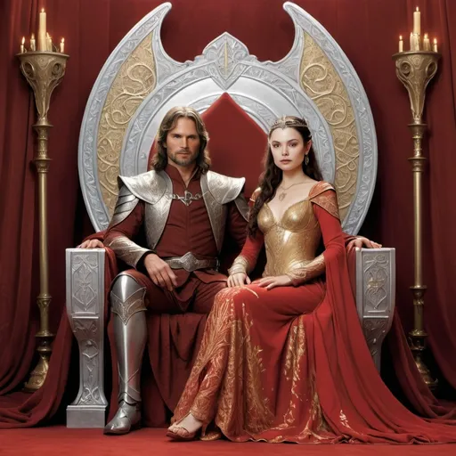 Prompt: A line drawing of padme amedalia dressed as Arwen from the Lord of the rings in a red and gold gown sitting on a throne next to her husband Aragorn dressed in silver gothic plate armor sitting on his throne in a opulent throne room 