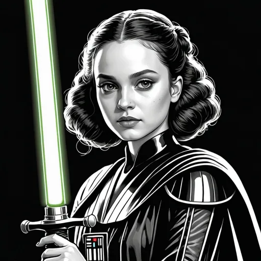 Prompt: A Coloring page of padme amedalia dressed as Darth Vader without the helmet or the mask carrying a glowing green sword 