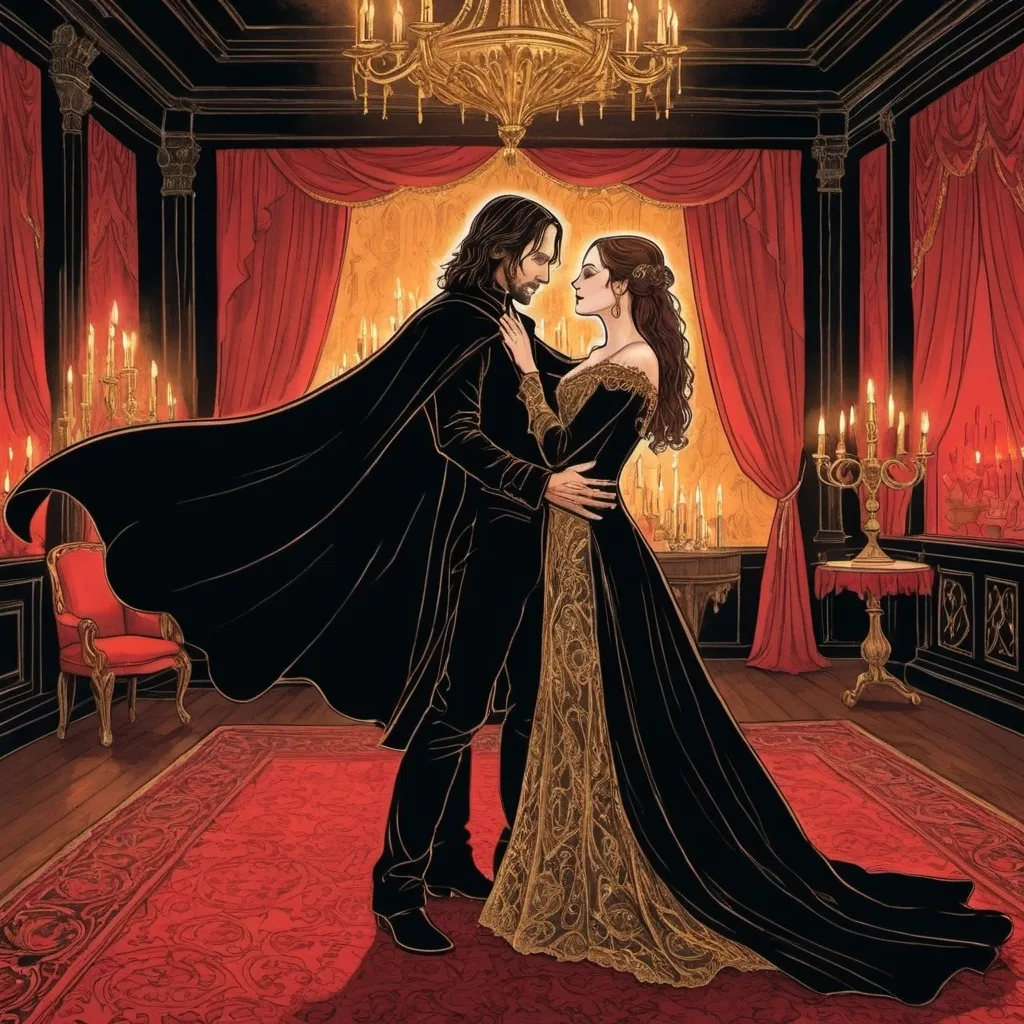 Prompt: A line drawing of Aragorn from the Lord of the rings dressed as the phantom of  Opera in a black  with a black cloak costume dancing with his wife padme amedalia in a long sleeve red and gold Victorian dress in a opulent candle lit room 