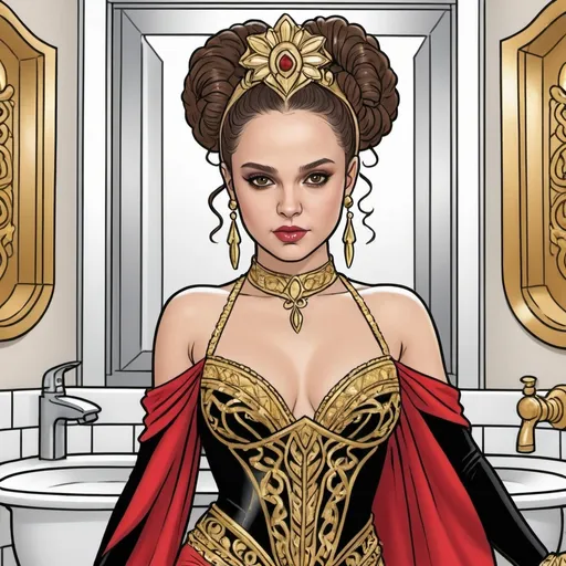 Prompt: A coloring page of padme amedalia dressed as a  show girl in her bathroom in a red and black costume with gold and silver accents 