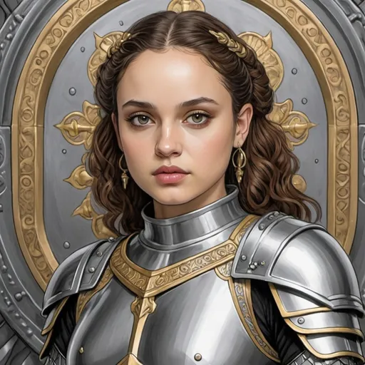 Prompt: A coloring page of padme amedalia as Joan of Arc  in grey gothic plate armor with gold and silver accents 