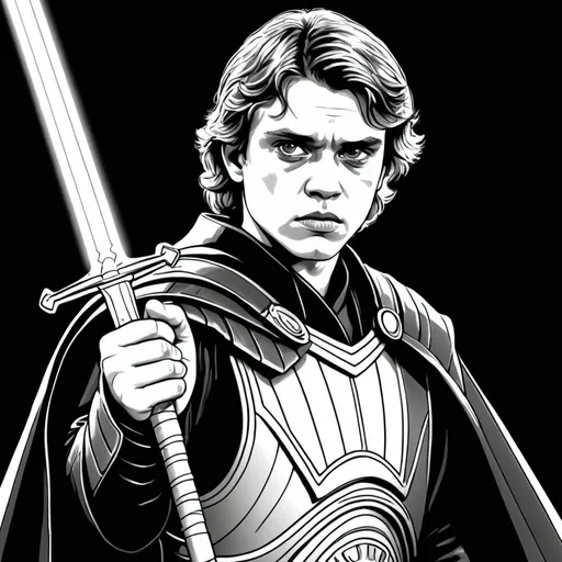 Prompt: A black and white coloring page of a scared and burned  Anakin Skywalker dressed in plate armor with a sword and a black cape 