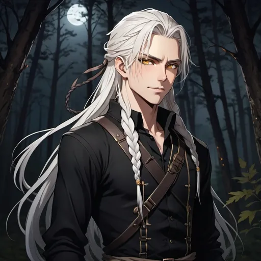 Prompt: Young hunter, attractive, gaunt physique, dark clothes, magical, long braided white hair, golden eyes, smug smile, scars on face and body, forest background at night, dark anime style